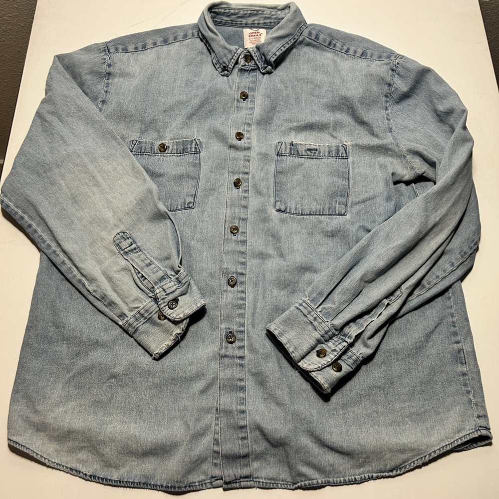 Vintage Open Trails Mens XL Denim Shirt Light Wash Long Sleeve Cotton Workwear